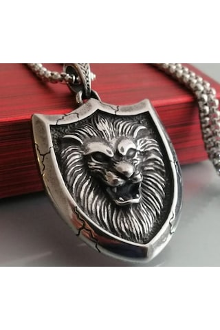 Paslanmaz Çelik Kabaratma Desen Aslan Kolye / 70 Cm Zincirli Gümüş
