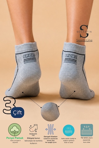Socketta 3'lü Gri Erkek Spor Pamuk Dikişsiz Esnek Patik Çorap - Premium Gri