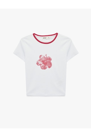 Koton Pamuklu Slim Fit Kısa Kollu Bisiklet Yaka Hibiskus Çiçeği Baskılı Tişört Beyaz 6sak50085ek Beyaz