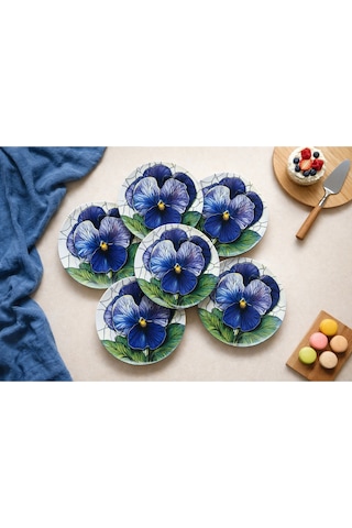 Grandora Mor Çiçek Desenli 6 Adet 20 Cm Pasta Veya Tatlı Tabağı Modern Şık Sunum Tabağı Mor