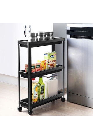 Slim 3 Katlı Tekerlekli Raf Ünitesi Beyaz, Banyo Rafı, Mutfak Rafı, Servis Sehpası, Organizer - Siyah Antrasit