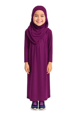 Penye Kendinden Başörtülü Çocuk Namaz Elbisesi Mor/ 6-7-8 Yaş Mor