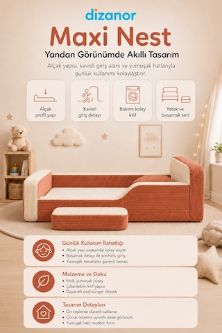 Dizanor Maxi Nest Montessori Çocuk Karyola Yatak Seti Kiremit Fitilli 140 X 200