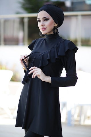 Tasarım Likralı Tam Kapalı Tesettür Mayo Fırfır Volan R032 Hatice Sultan Siyah