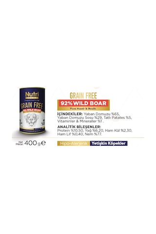Nutri Canin %92 Domuz Etli Tahılsız Konserve Yetişkin Köpek Maması 12 x 400 G