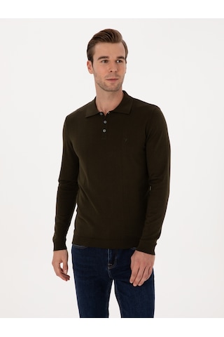 Cacharel Haki Regular Fit Pamuk Karışımlı Polo Yaka Basic Triko Kazak Yesıl