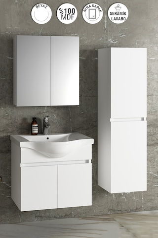 Yıldız 65+35 Cm Beyaz Mdf Lavabolu Asma Banyo Dolabı Takımı Beyaz