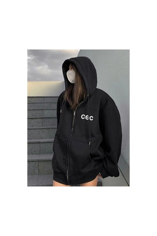 Tarzsokak Unisex Siyah Cec Baskılı Oversize Kapüşonlu Hırka