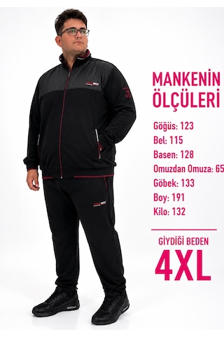 Büyük Beden Yakalı Fermuarlı Cepli Beli Lastikli İpli Boru Paça Erkek Eşofman Takımı Siyah