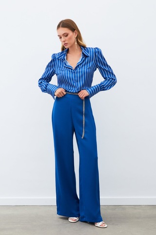 Sateen Zincirli Saten Krep Pantolon - İndigo-134887 İndigo