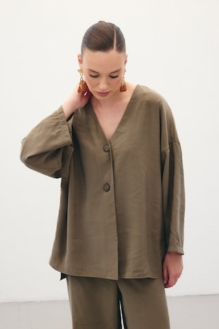 Sateen Düğmeli Kimono - Haki-136357 Haki