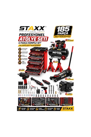 Staxx 185 Parça Atölye Seti 6'lı Servis Paketi Takım Arabası + Kompresör + Kriko + Mengene