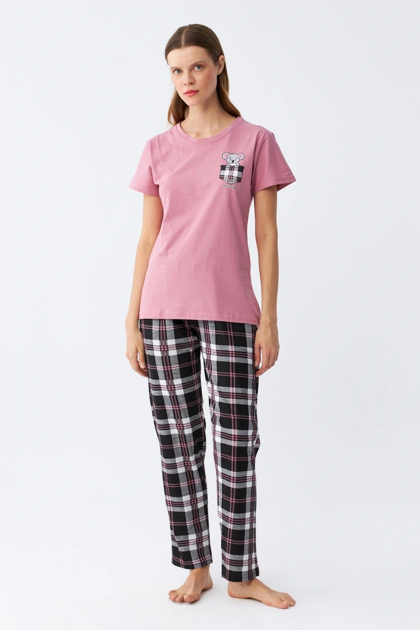 Akbeniz Kadın Somon Ayıcık Baskılı Ekoseli Penye Pijama Takımı SOMON