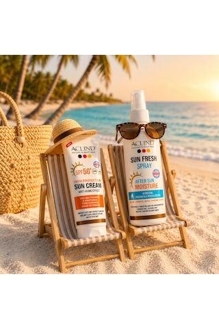Aclind Leke Karşıtı Spf 50+ Güneş Kremi 50 Ml + Sun Fresh Güneş Sonrası Ferahlatıcı Sprey 100 Ml Set
