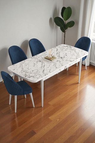 Mura Beyaz Mermer 80x132 Açılabilir Mdf Masa Yemek Odası Takımı, Mutfak Takımı 4 Adet Sandalye Lacivert