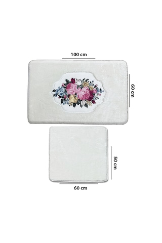 Bella Rose Ekru 2li Nakıslı Pelus Banyo Paspası 60x100 50x60 Cm Ekru