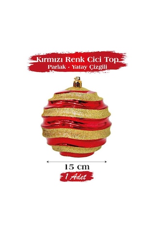15 Cm Beyaz Yatay Çizgili Parlak Kırmızı Yılbaşı Top Süs Büyük Boy Dekoratif Ağaç Süsü