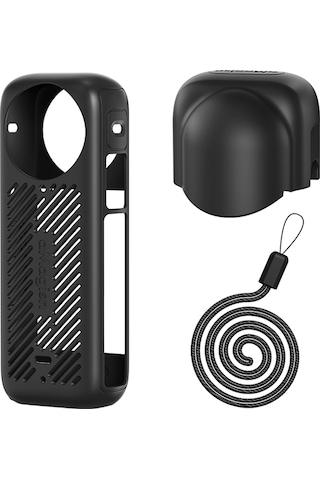 Skycity Insta360 X4 İçin Siyah Silikon Kamera Korumalı Kılıf + Lens Kapak + Bileklik Askısı Ad05-a1