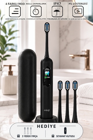 Mioji Oral B8 Care Şarj Edilebilir Diş Fırçası Siyah + 3 Yedek Başlık ve Taşıma Çantası