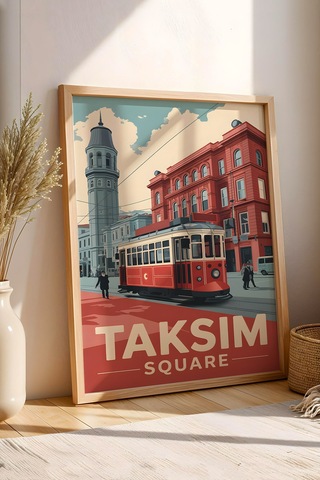 Taksim Meydanı Tablo - Nostaljik İstanbul Posteri - Retro Tramvay Duvar Dekoru - Şehir Tablosu Kayın