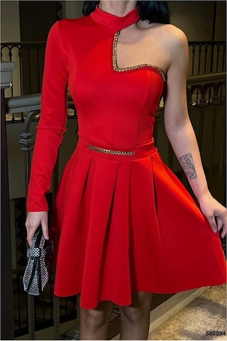 Khi-zai Kadın Özgün Tasarım Bisiklet Yaka Kemerli Mini Uzun Kollu Abiye Elbise Mavi