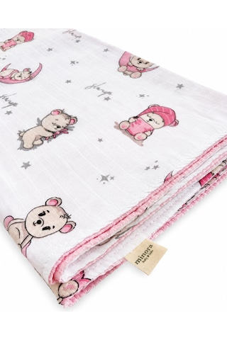 Minora Baby&kids Çift Taraflı Pike Müslin Bebek Örtüsü 100x100 CM - Pembe Ayı