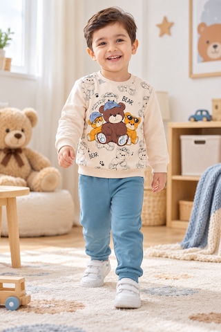 Tucankids Erkek Çocuk Eşofman Takımı Ayıcık Baskılı Sweatshirt Jogger Alt 2 Li Takım Bej - Turkuaz