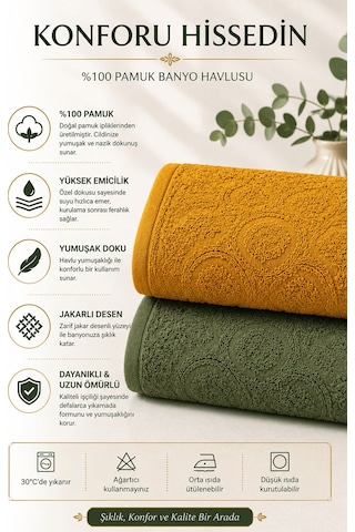 2'li Jakarlı Büyük Boy Banyo Havlusu 90x150 Cm %100 Pamuk Lorea 650 Gr Yeşil-hardal
