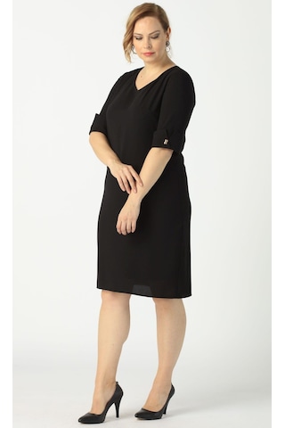 939 Siyah Kolu Düğmeli Krep Büyük Beden Kısa Elbise 001