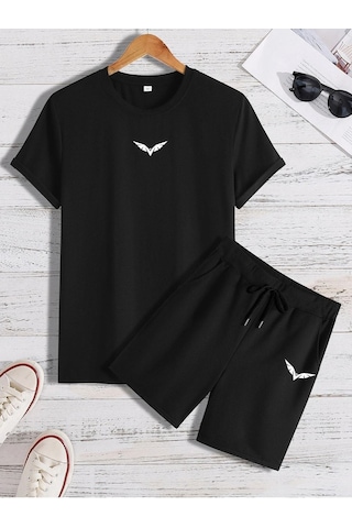 Wings T-shirt Şort - Siyah Alt Üst Kombin Şort Tişört Takım Baskılı Oversize Bisiklet Yaka Siyah