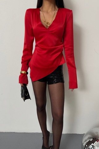 Saten Anvelop Bluz Manşet Kol - Kırmızı Kırmızı