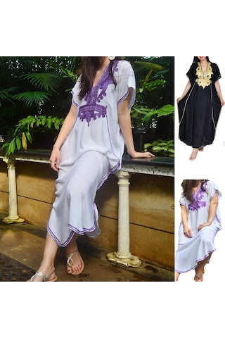 Nakış Fas Kaftan Bayan Maxi Bayram Elbisesi Arap Farasha Rahat Uzun Büyük Boy Parti Mavi