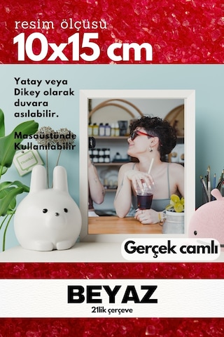 Gerçek Camlı 21lik Düz 10 X 15 Beyaz Fotoğraf Resim Çerçevesi Ayaklı Arkalık Veya Duvara Asma
