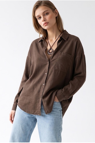 Mixray 4963 Kadın Tencel Kumaş Oversize Cepli Uzun Kollu Gömlek Kahve