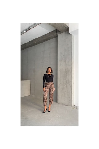 Verymoda Leopar Desenli Pantolon F1788 Vizon Siyah