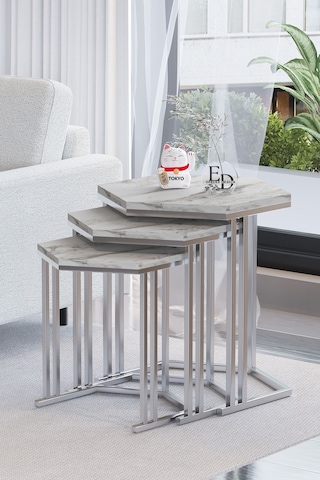 Tokyo 3'lü Zigon Sehpa Gümüş Metal - Beyaz Mermer Tabla