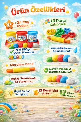 13 Parça Merdaneli Oyun Hamuru Kalıbı+4 Lü 600gr Oyun Hamuru 3+yaş Krem