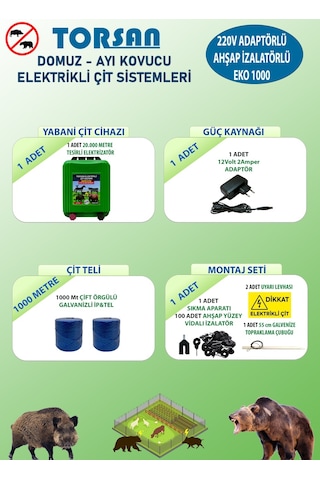 Torsan 220v Adaptörlü Eko 1000 Elektrikli Çit Sistemi Domuz - Ayı Kovucu 1000mt Torsan 220v Adaptörlü Eko 1000 Elektrikli Çit Sistemi Domuz - Ayı Kovucu 1000mt