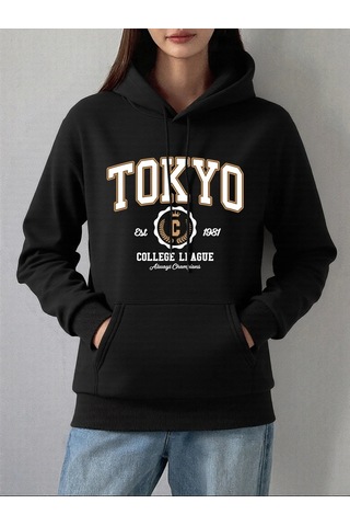Tarzsokak Tokyo Kolej Ligi Baskılar Hoodie Kadın Kış Polar Sıcak Kazak Temelleri Cep Kazak Rahat Rahat Siyah