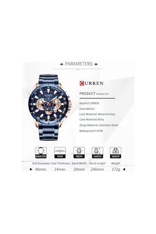 Curren 8363 Erkekler İçin Kuvars Kol Saati Paslanmaz Çelik Kayışlı Üç Alt Göstergeli İkinci Dakika Mikro Saniye Kronograf Tarih Takvim Göstergesi Su Geçirmez Işıklı İskeletli Aksesuarlar Çok Renkli