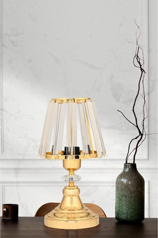 Gerçek Kristal Cam Başlık Gold Metal Gövdeli 2'li Yatak Odası Abajur İki Adet Gece Lambası Gold