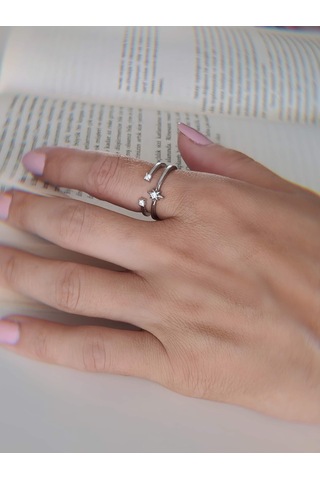 İki Sıralı Yıldız Zirkon Taşlı Ayarlanabilir Silver Gümüş Renkli Yüzük Silver
