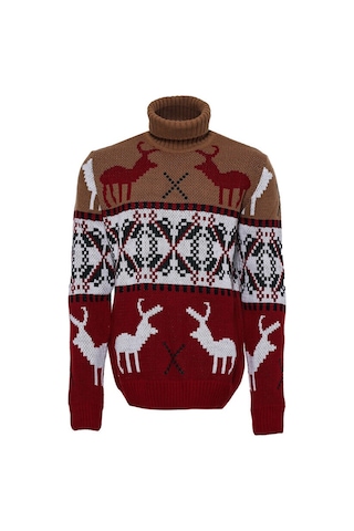 Geyik Desenli Yılbaşı Temalı Balıkçı Yakalı Kırmızı Bej Erkek Triko 001