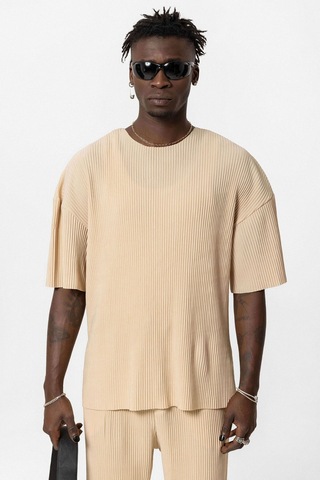 Basic Oversize Bisiklet Yaka Ottoman Takım Bej
