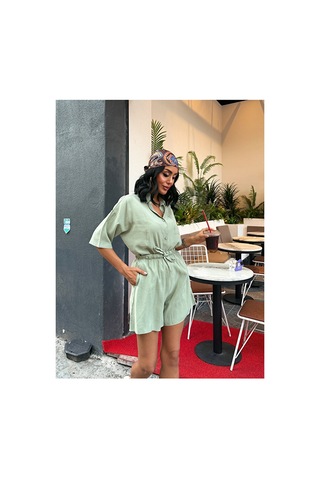 Nido Moda Kadın Cepli Oversize Gömlek Ve Beli Bağcıklı Şort İkili Takım Yeşil