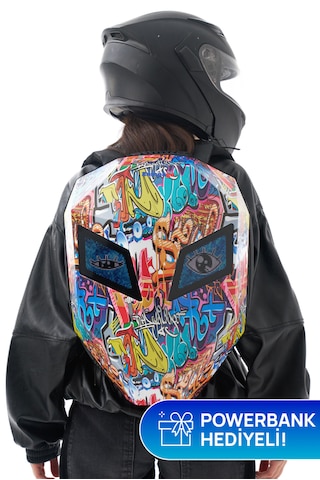 Zampago Led Göz Maskeli Grafiti Akıllı Sırt Çantası Usb Şarj Girişli, Sert Kasa Çok Renkli