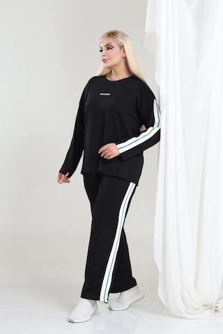 Kadın Büyük Beden Uzun Kollu Şerit Detaylı Oysho Tarzı Modal Kumaş Takım Siyah