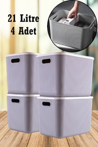 Bayev 4 Adet 21 Lt Çok Amaçlı Gri Saklama Kutusu - Düzenleyici - Kapaklı Çamaşır Sepeti Çok Renkli