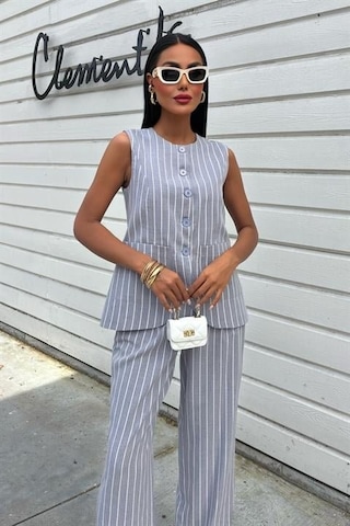 Çizgili Viscon Keten Yelekli Rahat Takım 10121 Gri