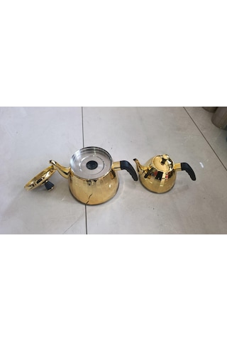 Gold Sarı Çaydanlık Seti 1.0 + 2.5 Litre Betahoff Paslanmaz Çelik İndüksiyon Uyumlu Kapsül Tabanlı Çaydanlık Takımı